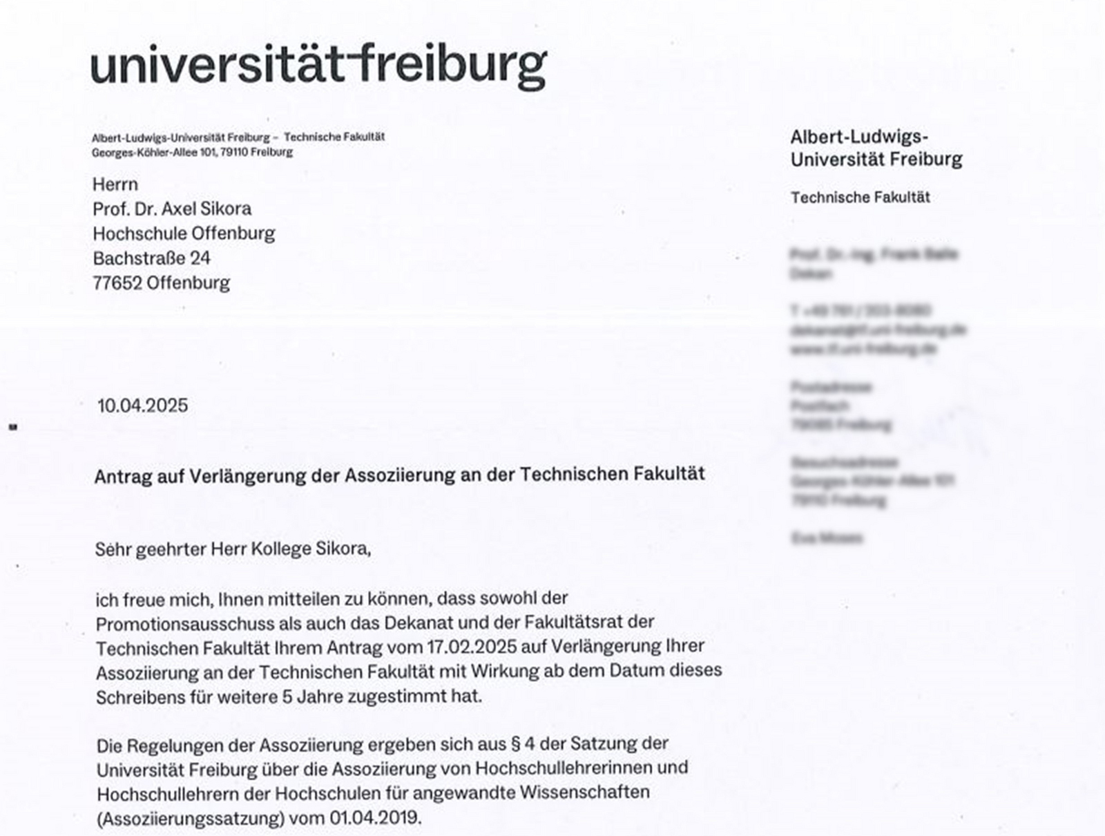 Ausschnit des Bestätigungsschreibens