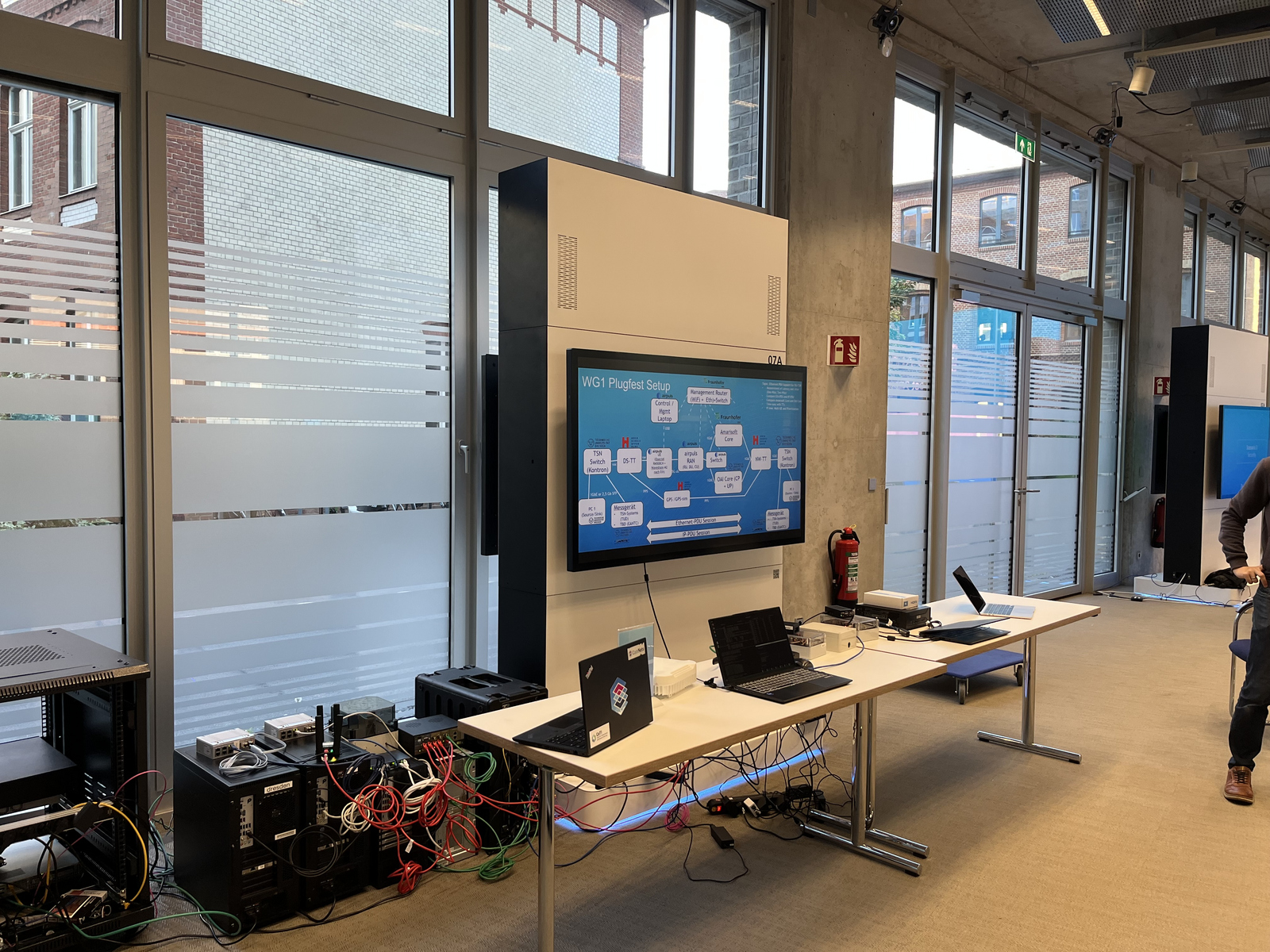 WG1 Plugfest Setup ein Elektronikaufbau an einem Tisch mit einem Bildschirm an der Wand