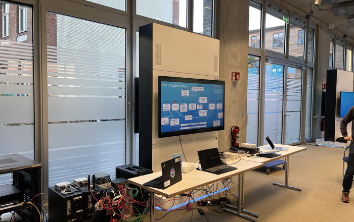WG1 Plugfest Setup ein Elektronikaufbau an einem Tisch mit einem Bildschirm an der Wand